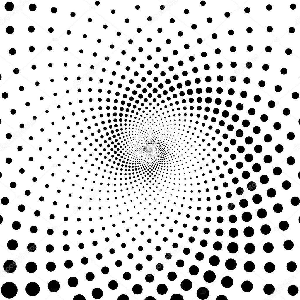 Spiral dots backdrop. Halftone shapes, abstract logo emblem or design element for any project. Vector EPS10 illustration.