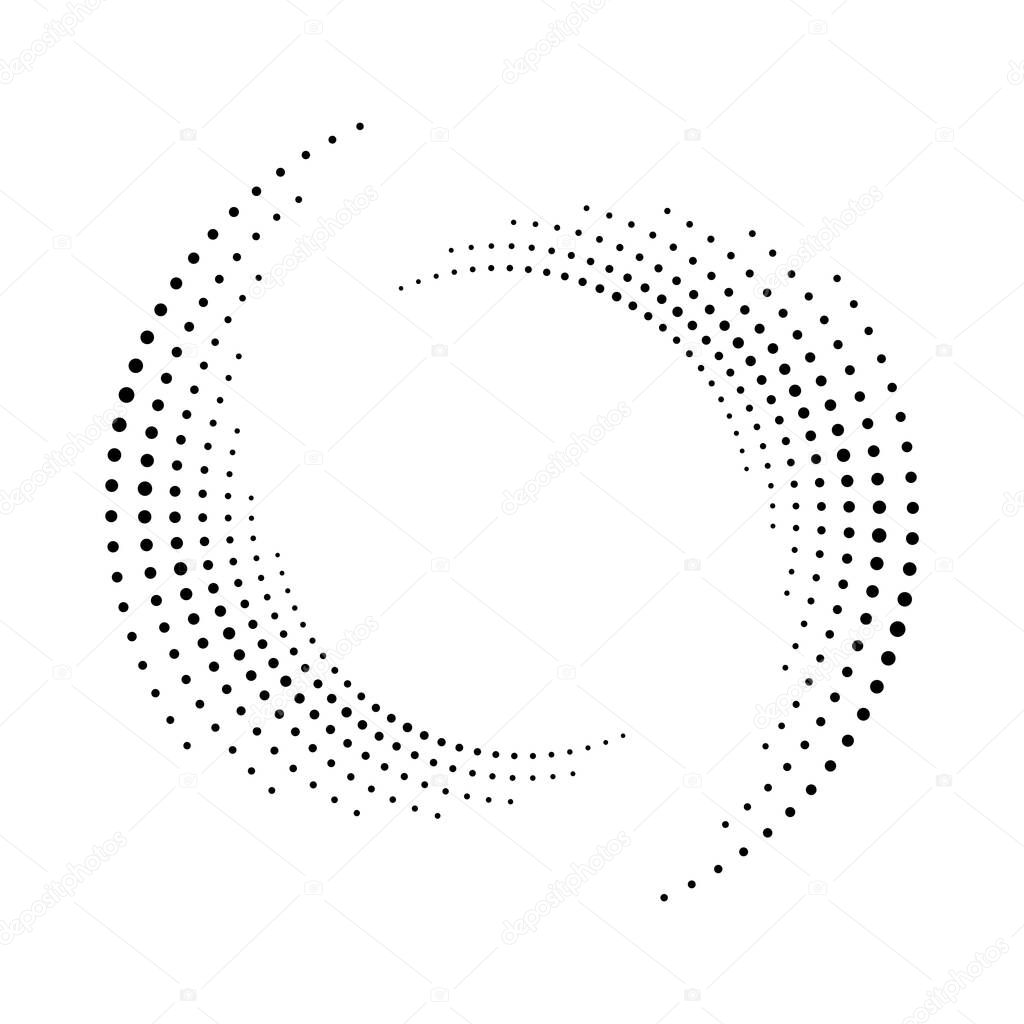 Spiral dots backdrop. Halftone shape, abstract logo emblem or design element for any project. Vector EPS10 illustration. Segmented circle with rotation.