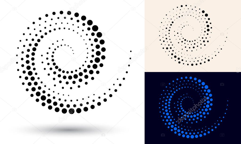 Halftone spiral as icon or background. Black abstract vector as frame with dots for logo or emblem. Circle border isolated on the white background for your design.