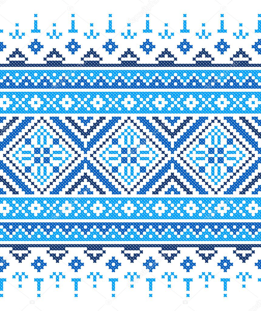 Embroidered good like old handmade cross-stitch ethnic Belorussian pattern. Blue winter ornament in vector.