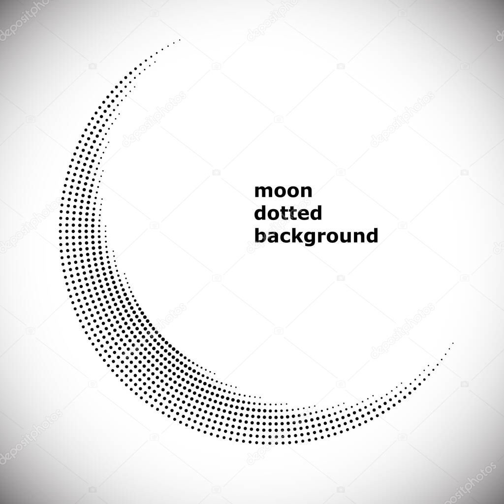 Halftone circle frame, abstract dots logo emblem design element for any projects. Round border icon. Abstract dotted vector background like muslim religion silhouette of moon symbol.