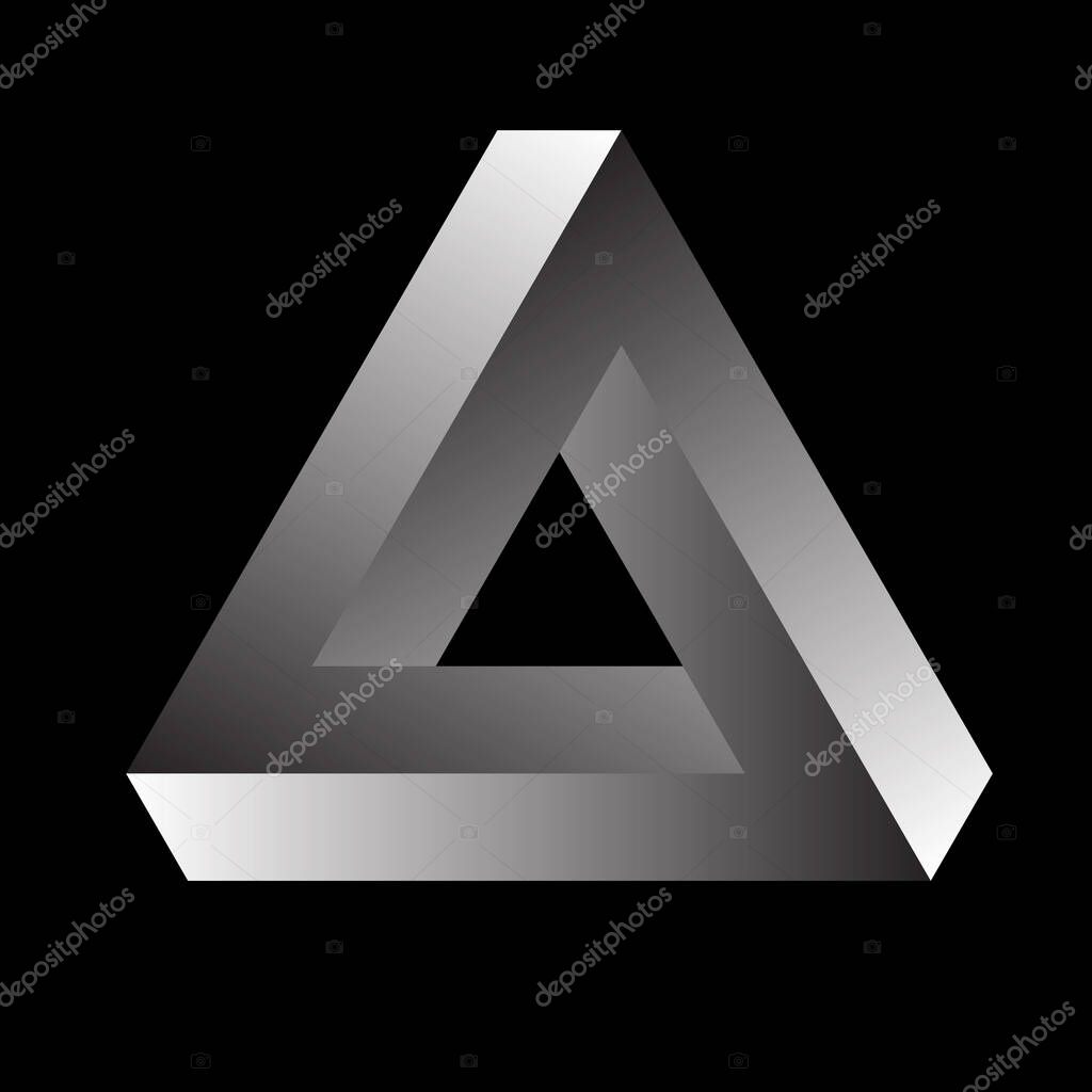 Penrose triangle or Penrose tribar, or the impossible tribar with gradient on black background. Impossible object or impossible figure or an undecidable figure.