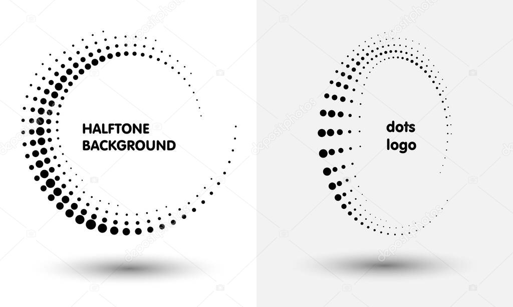 Halftone round as icon or background. Black abstract vector circle frame with dots as logo or emblem. Circle border isolated on the white background for your design.