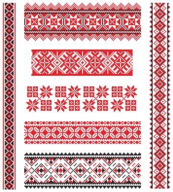 İşlemeli eski el yapımı çapraz dikişli etnik Ukrayna deseni. Süslü Ukrayna havlusu. Vektör olarak Rushnyk biçimi