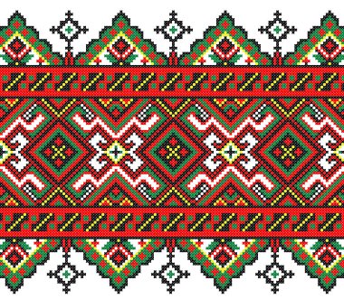 İşlemeli eski el yapımı çapraz dikişli etnik Ukrayna deseni. Süslü Ukrayna havlusu. Vektör olarak Rushnyk biçimi