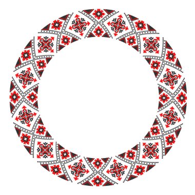 El yapımı, çapraz dikişli Ukrayna deseni gibi güzel işlenmiş. Etnik tarzda yuvarlak bir süs. Süslü yemek ile moda arka planı. İç dekorasyon, vektör illüstrasyonu.