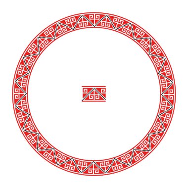 El yapımı, çapraz dikişli Ukrayna deseni gibi güzel işlenmiş. Etnik tarzda yuvarlak bir süs. Süslü yemek ile moda arka planı. İç dekorasyon, vektör illüstrasyonu.