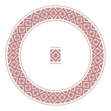 El yapımı, çapraz dikişli Ukrayna deseni gibi güzel işlenmiş. Etnik tarzda yuvarlak bir süs. Süslü yemek ile moda arka planı. İç dekorasyon, vektör illüstrasyonu.