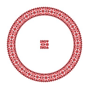 El yapımı, çapraz dikişli Ukrayna deseni gibi güzel işlenmiş. Etnik tarzda yuvarlak bir süs. Süslü yemek ile moda arka planı. İç dekorasyon, vektör illüstrasyonu.