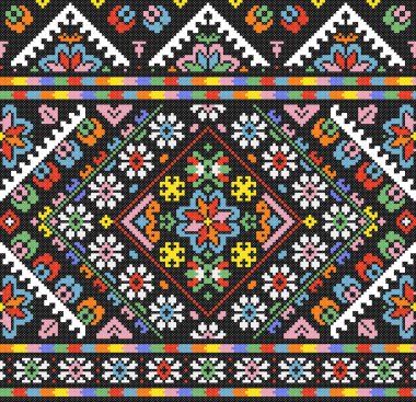 İşlemeli eski el yapımı çapraz dikişli etnik Ukrayna deseni. Süslü Ukrayna havlusu. Vektör olarak Rushnyk biçimi