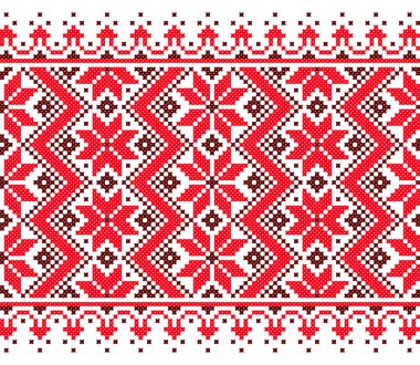 İşlemeli eski el yapımı çapraz dikişli etnik Ukrayna deseni. Süslü Ukrayna havlusu. Vektör olarak Rushnyk biçimi