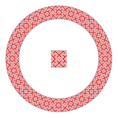 El yapımı, çapraz dikişli Ukrayna deseni gibi güzel işlenmiş. Etnik tarzda yuvarlak bir süs. Süslü yemek ile moda arka planı. İç dekorasyon, vektör illüstrasyonu.