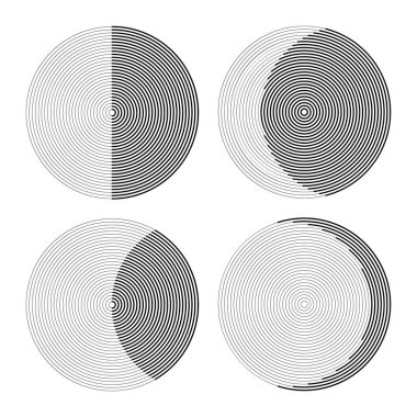 Ayın evreleri gibi çizgilerden oluşan çemberler. monokrom soyut arkaplan, simge veya logo.