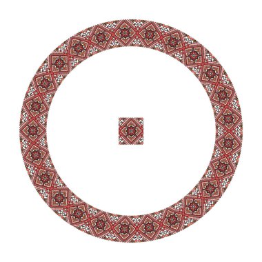 El yapımı, çapraz dikişli Ukrayna deseni gibi güzel işlenmiş. Etnik tarzda yuvarlak bir süs. Süslü yemek ile moda arka planı. İç dekorasyon, vektör illüstrasyonu.