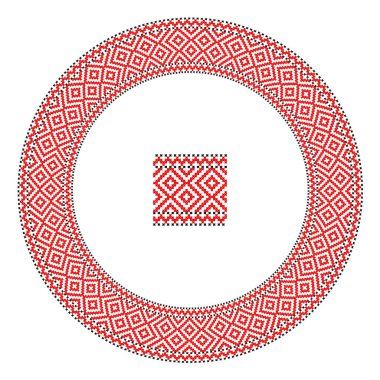 El yapımı, çapraz dikişli Ukrayna deseni gibi güzel işlenmiş. Etnik tarzda yuvarlak bir süs. Süslü yemek ile moda arka planı. İç dekorasyon, vektör illüstrasyonu.