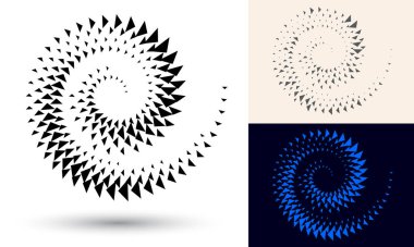 Simge ya da arkaplan olarak yarım tonlu spiral. Logo veya amblem için üçgen içeren siyah soyut vektör. Tasarımınız için beyaz arkaplanda çember sınırı izole edildi.