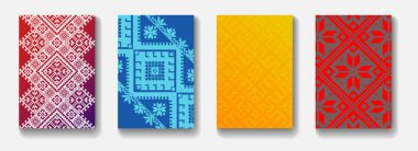Ukrayna etnik kalıplı kapak tasarımı. Kitap, dergi, broşür, pankart ve diğer şeyler için renkli minimal tasarım seti.