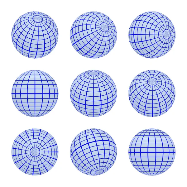 Set Spheres Globe Earth Grid Different Sides Horizontal Vertical Lines — Stock Vector