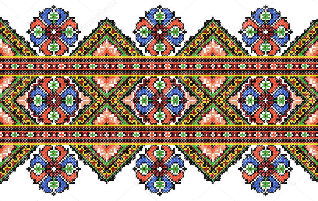 embroidered old handmade cross-stitch ethnic Ukraine pattern. Ukrainian towel with ornament. Rushnyk style in vector