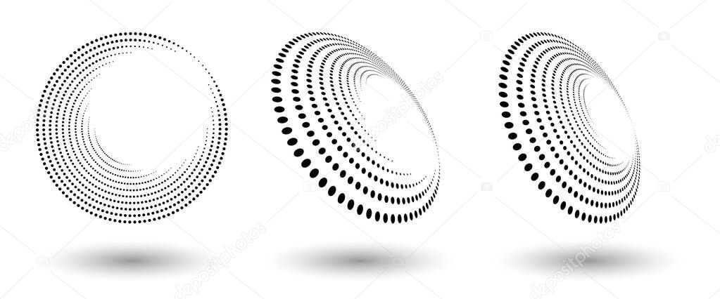 Halftone shapes, abstract dots logo emblem or design element for any project. Round icon or backgroud. Vector EPS10 illustration. Abstract dotted halftone vector with differents perspective