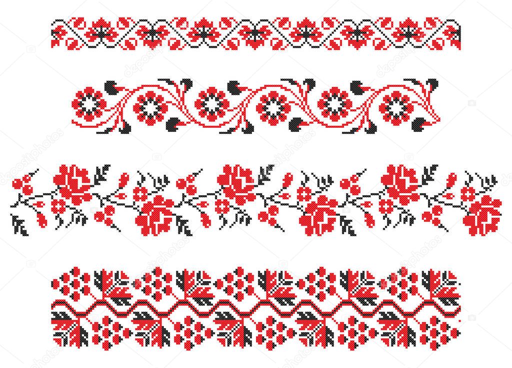 set of embroidered goods like handmade cross-stitch ethnic Ukraine pattern. Ukrainian national ornament decoration