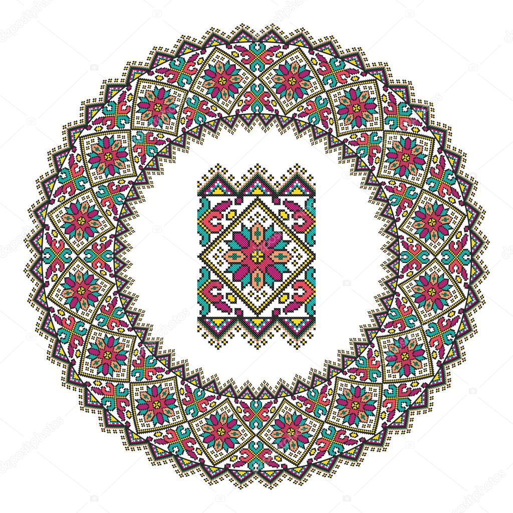Embroidered good like handmade cross-stitch ethnic Ukraine pattern. Round ornament in ethnic style. Fashion background with ornate dish. Interior decor, vector illustration.