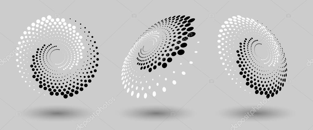 Abstract dotted vector background. Halftone effect. Spiral dotted background or icon. Yin and yang style. Vector EPS10 illustration. Set of vectors with differents perspective.