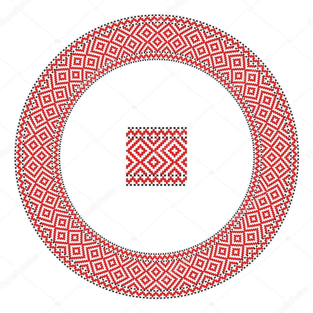 Embroidered good like handmade cross-stitch ethnic Ukraine pattern. Round ornament in ethnic style. Fashion background with ornate dish. Interior decor, vector illustration.