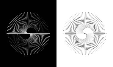 Gri çizgileri olan sarmal dinamik soyut vektör arkaplan, logo veya simge olarak farklı renktedir. Yin ve Yang sembolü.