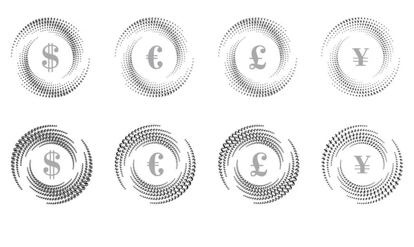 半色调美元和人民币以圆形的形式签名 圆形标志或图标 矢量框架作为设计元素 — 图库矢量图片