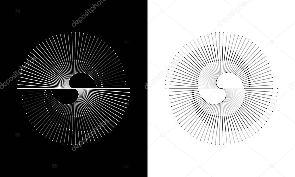 Spiral with gray lines different colors as dynamic abstract vector background or logo or icon. Yin and Yang symbol.