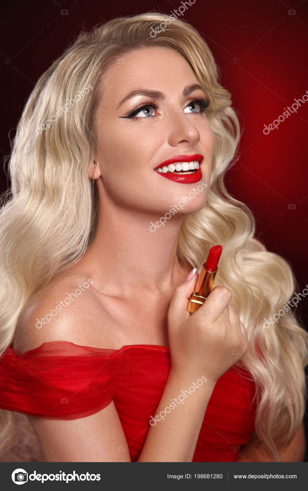 Beauty Makeup Red Lips Smile Fashion Glamour Portrait Sexy Blonde