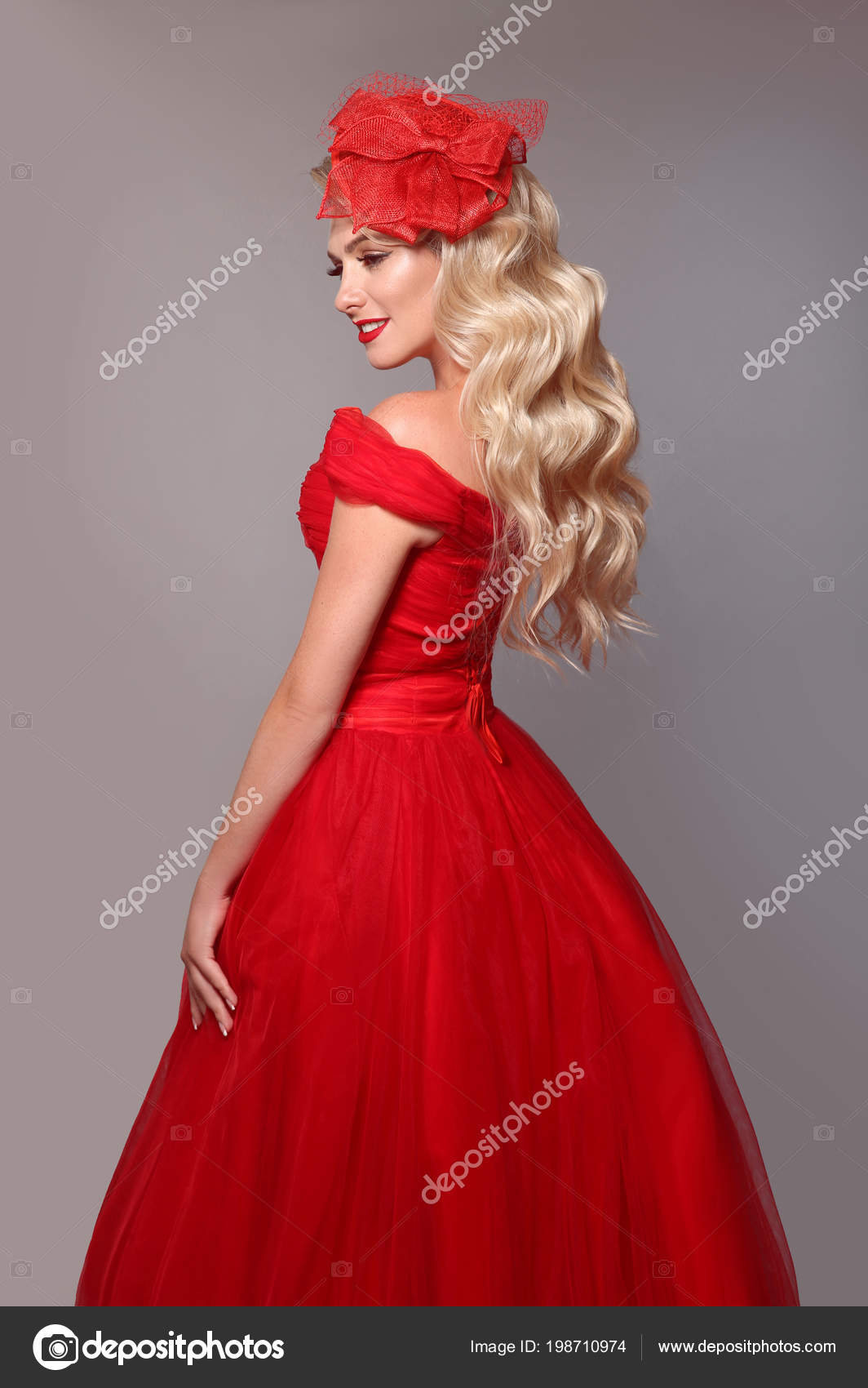 Blonde Woman Red Dress Elegant Hat