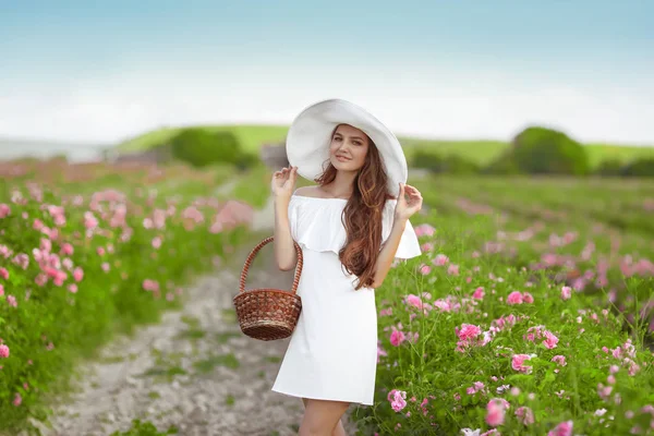 美丽的年轻女子在白色的帽子与长卷曲的头发抱篮摆在春天开花粉红色玫瑰花园 魅力迷人的黑发女性户外肖像 — 图库照片