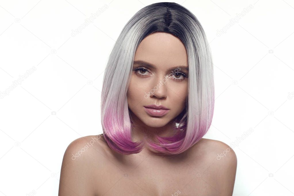 Ombre bob short hairstyle. Beautiful hair coloring woman. Trendy haircuts. Blond model with short shiny hairstyle. Concept Coloring Hair. Beauty Salon. 