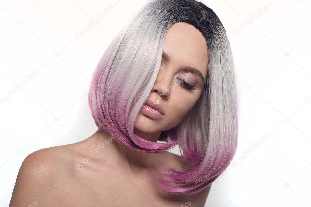 Ombre bob short hairstyle. Beautiful hair coloring woman. Trendy haircuts. Blond model with short shiny hairstyle. Concept Coloring Hair. Beauty Salon.