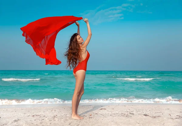 Cheerful Carefree Woman Brunette Girl Red Bikini Blowing Sarong Enjoying — Stock Photo, Image