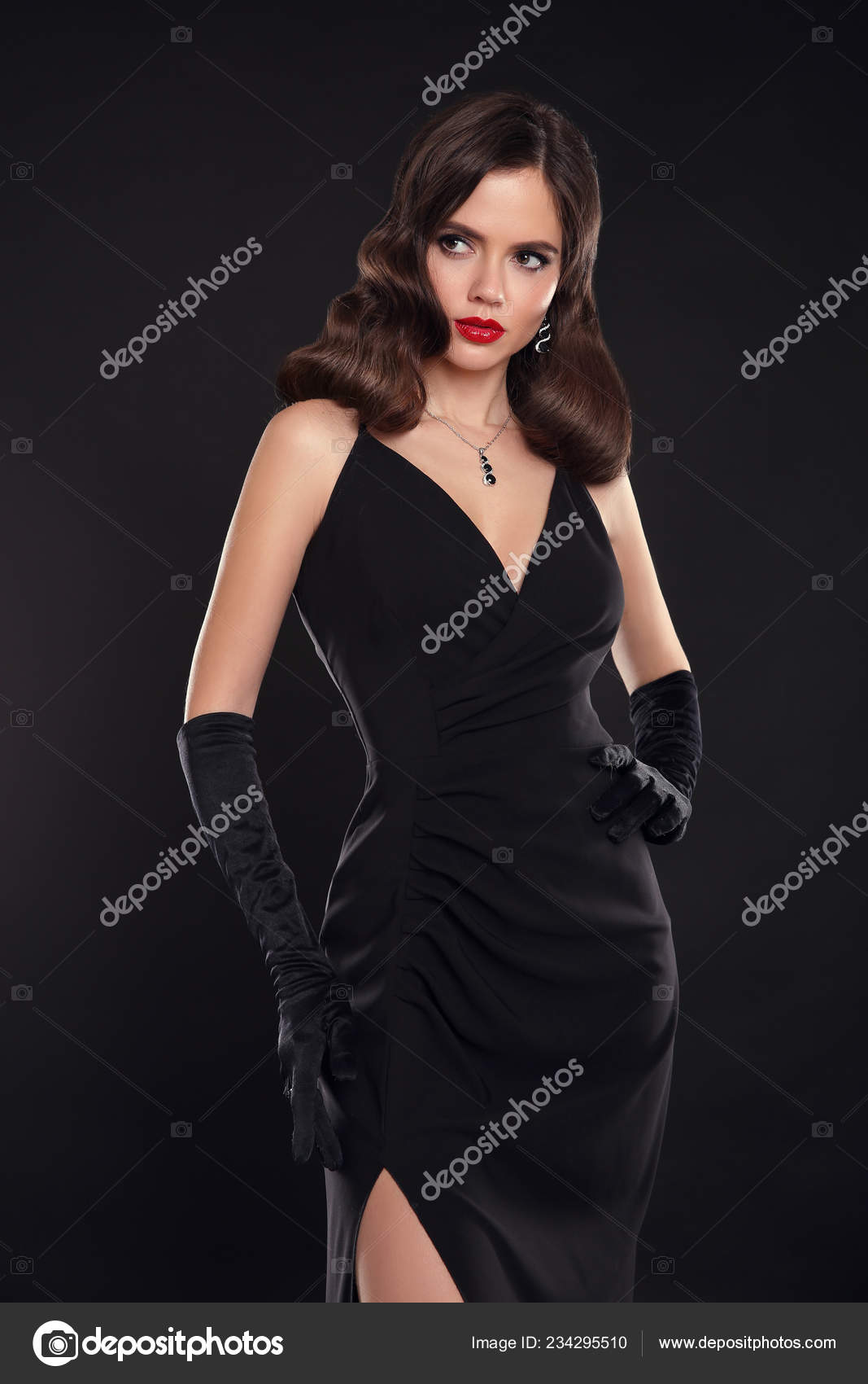 Elegant Lady In Long Sexy Dress With Retro Wavy Hairstyle