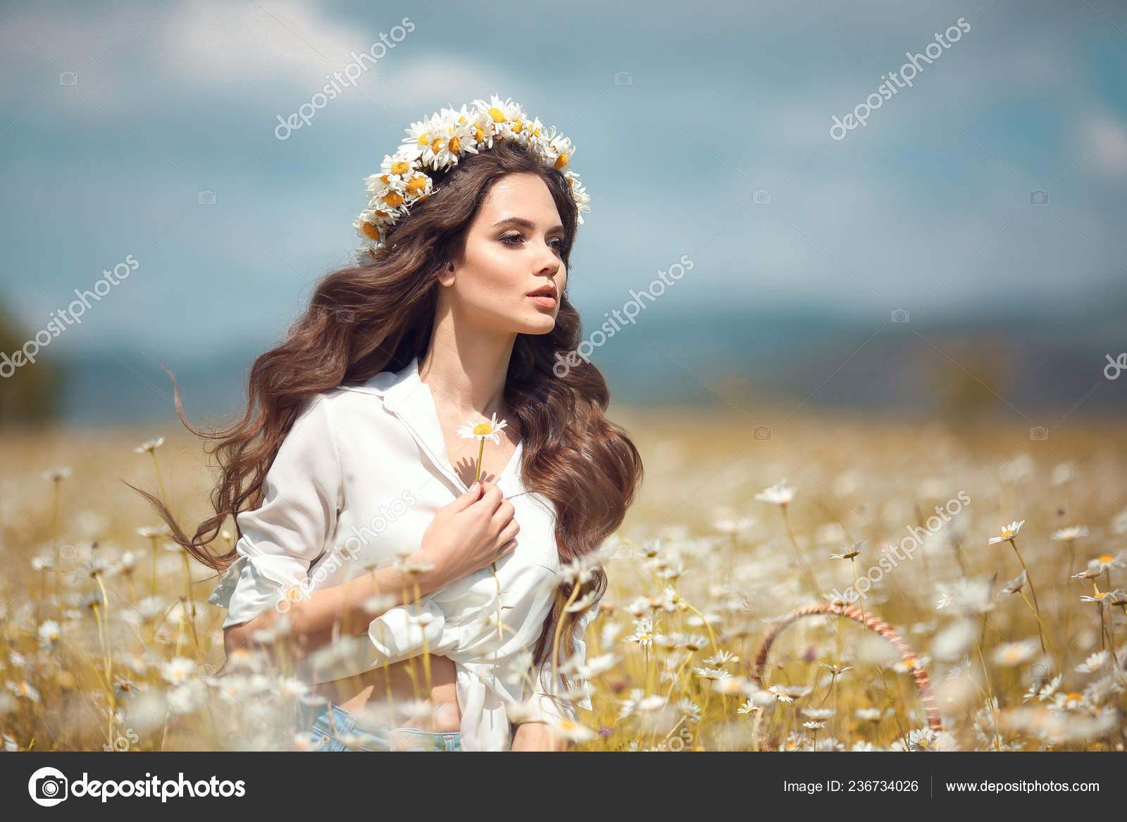 Beautiful Young Girl Flower Enjoying Chamomile Field Carefree