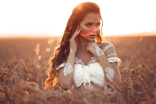 Boho chic style. Portrait of bohemian girl with white art posing — Stock Photo, Image