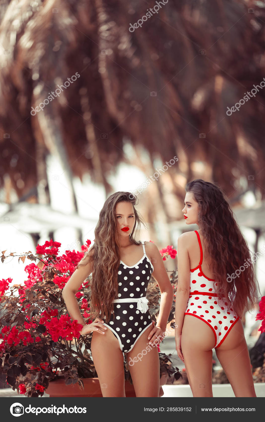 Sexy Pinup Girls With Red Lipstick Makeup Posing In Trendy Bikin