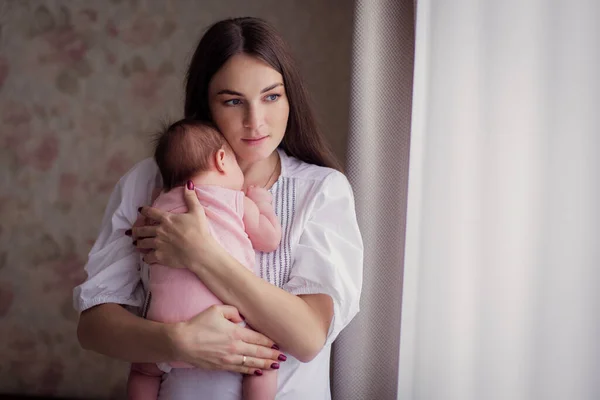 Young Mother Rocks Her Kid Sings Lullaby Home Restless Child — Stock Photo, Image