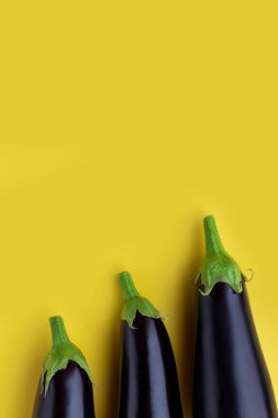 Sarı arka planda mor patlıcan düz yerde yatıyordu. Metin için renkli kopyalama alanı. Pek çok patlıcan sebze vitamini lezzetli olgun sebze eko biyolojisi. Minimalizm deseni yakın plan. çiğ yemek