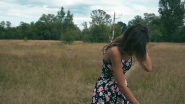 초원에서 쾌활 한 젊은 여자 — 비디오