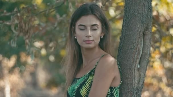 Genç Güzel Bayan Tree Yakınındaki Portresi Yakın Çekim Sığ Derinlik — Stok video