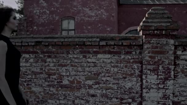 Gotik genç kadının yanına eski bina — Stok video
