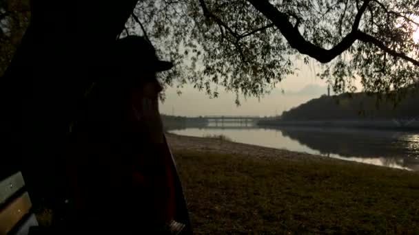 Young woman at fall talking on phone, silhouette — Stock Video