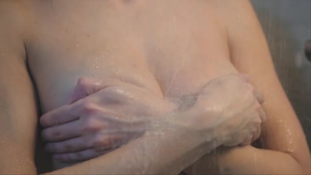 Woman Shower Covering Her Breast Her Hands Shallow Depth Field — Stock Video