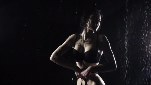 Woman Waterfall Standing Slow Motion — Stock Video