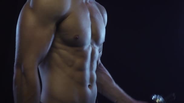 Mladý Fit Chlap Dělá Biceps Kadeře Činkami Zpomalený Film — Stock video